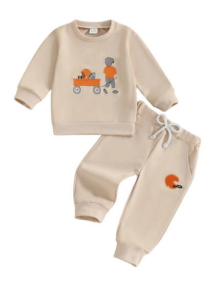 Baby Toddler Boys 2Pcs Autumn Long Sleeve Football Embroidery Top Drawstring Jogger Pants Set