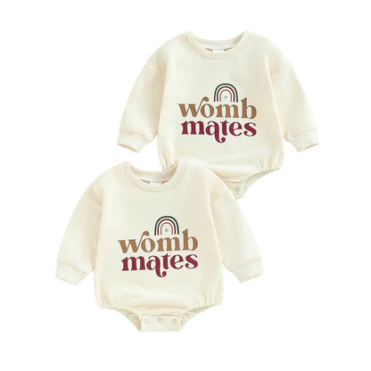 Baby Girls Boys 2Pcs Womb Makes Bubble Rompers Twins Clothes Rainbow Letter Print Long Sleeve Bodysuits