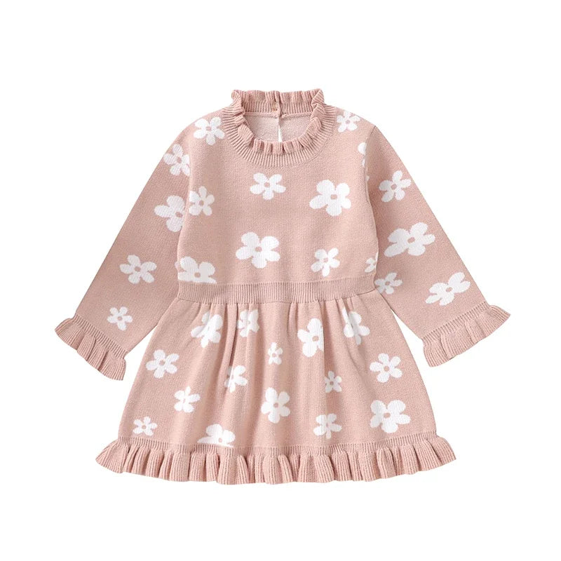 Baby Toddler Girl Long Sleeve Flower Floral Print Ruffle Sweater A-Line Dress