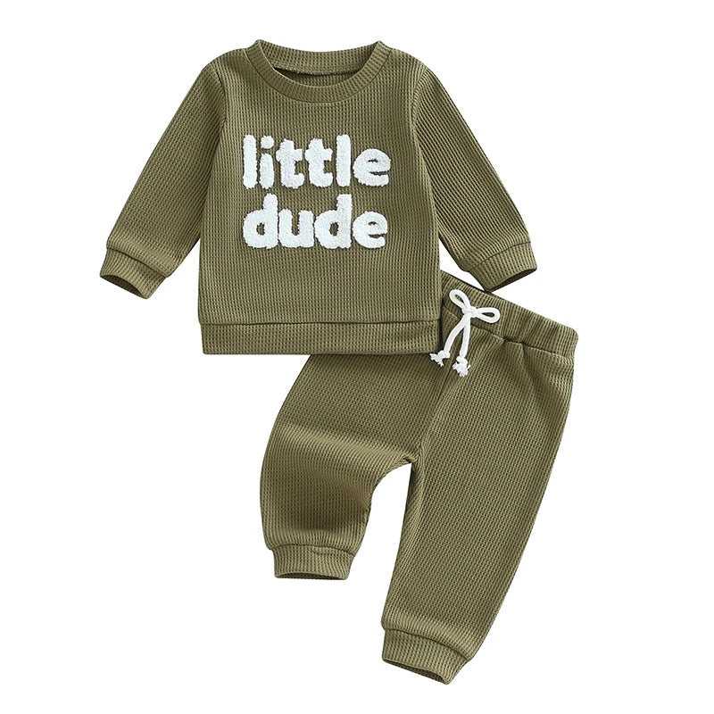 Baby Toddler Boys 2Pcs Little Dude Waffle Outfit Letter Embroidery Long Sleeve Top with Elastic Waist Solid Pants Set