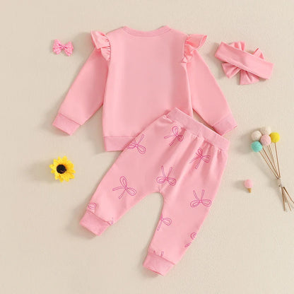 Baby Toddler Girls 3Pcs Fall Outfit Long Sleeve Bow Embroidery Crewneck Top + Jogger Pants + Headband Set