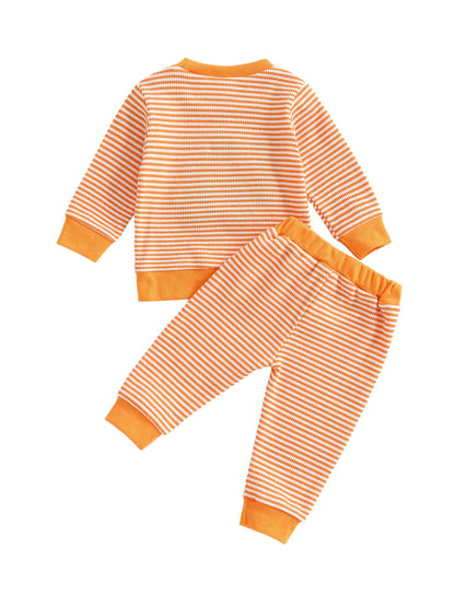 Baby Toddler Boy Girl 2Pcs Halloween Outfit Pumpkin Embroidery Boo Ghost Striped Long Sleeve Top and Elastic Jogger Pants Set