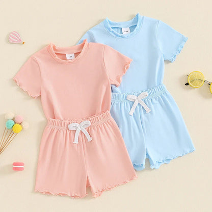 Baby Toddler Kids Girls 2Pcs Short Sleeve Crew Neck Ruffle Sleeve Top with Elastic Waist Shorts Outfit Set