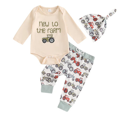 Baby Boys 3Pcs New To The Farm Long Sleeve O-Neck Embroidery Romper with Tractor Print Pants Hat Outfit Set