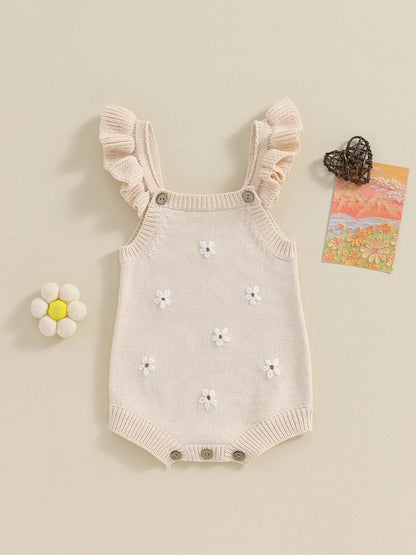 Baby Toddler Girls Knitted Romper Spring Summer Ruffles Floral Embroidery Flowers Jumpsuits Playsuits Clothes