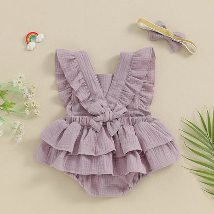 Baby Girls 2Pcs Romper Dress Solid Color Fly Sleeve Skirt Hem Tank Top Bodysuit Summer Clothes with Headband Set