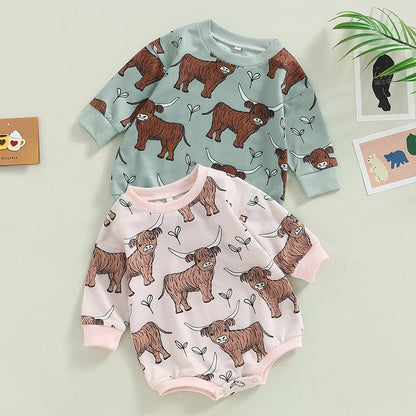 Baby Boy Girl Bodysuit Long Sleeve Crew Neck Bison Highland Cow Bull Print Bubble Romper