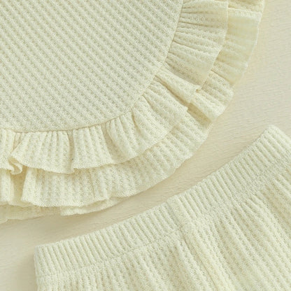 Baby Toddler Girl 2Pcs Summer Outfit Solid Waffle Round Neck Ruffled Tank Top with Long Pants Set