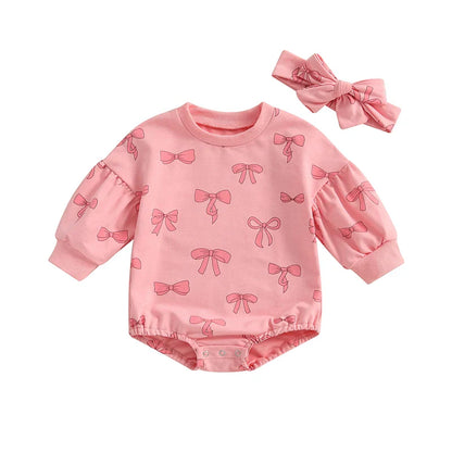Baby Girl 2Pcs Fall Outfit Bow Print Crew Neck Long Sleeve Bubble Romper Tie-up Headband Set