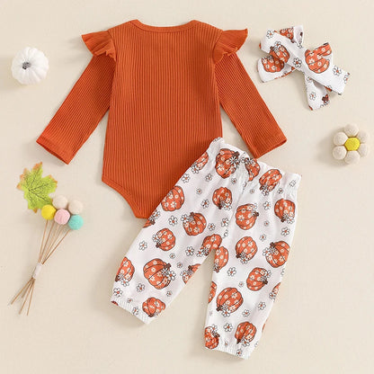 Baby Girls 3Pcs Halloween Outfit Ribbed Long Sleeve Frill Sleeve Romper and Elastic Pumpkin Flower Print Pants Headband Set