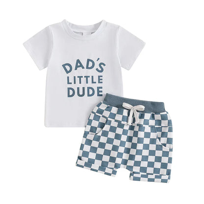 Baby Toddler Boys 2Pcs Dad's Little Dude Summer Outfit Letter Print Short Sleeve T-Shirt Top and Elastic Checkered Print Shorts Set