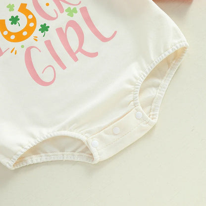 Baby Girls Lucky Girl Spring St. Patrick's Day Bubble Romper Long Sleeve Crewneck Shamrock Horseshoe Print Bodysuit