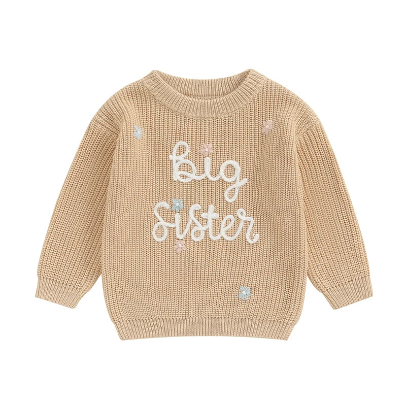 Toddler Kids Girl Big Sister Sweater Cute Long Sleeve Letter Embroidery Knit Pullover Loose Top