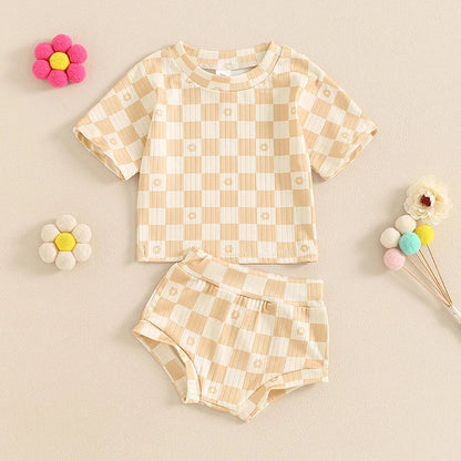 Baby Toddler Girls 2Pcs Summer Set Short Sleeve Checkerboard Flower Print Top Shorts Bloomers Outfit
