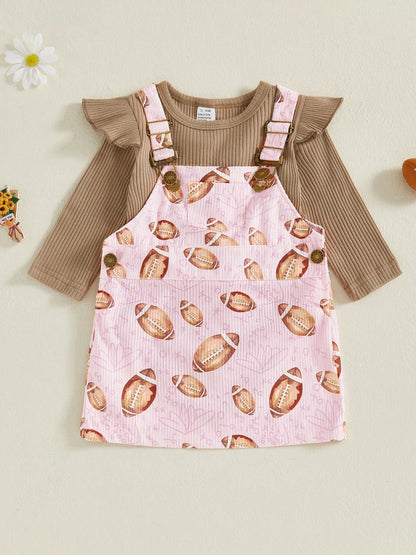 Baby Toddler Girls 2Pcs Fall Outfit Long Sleeve Romper + Football Print Overall Dress Set Clothes