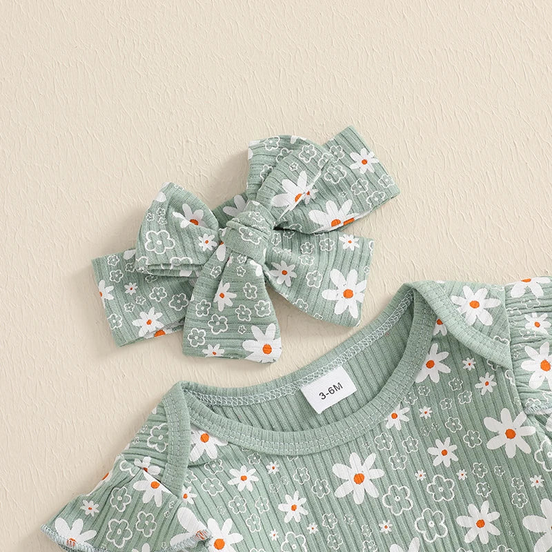 Baby Girl 3Pcs Spring Fall Outfit Floral Print Long Frill Sleeve Romper Long Flower Pants Headband Set