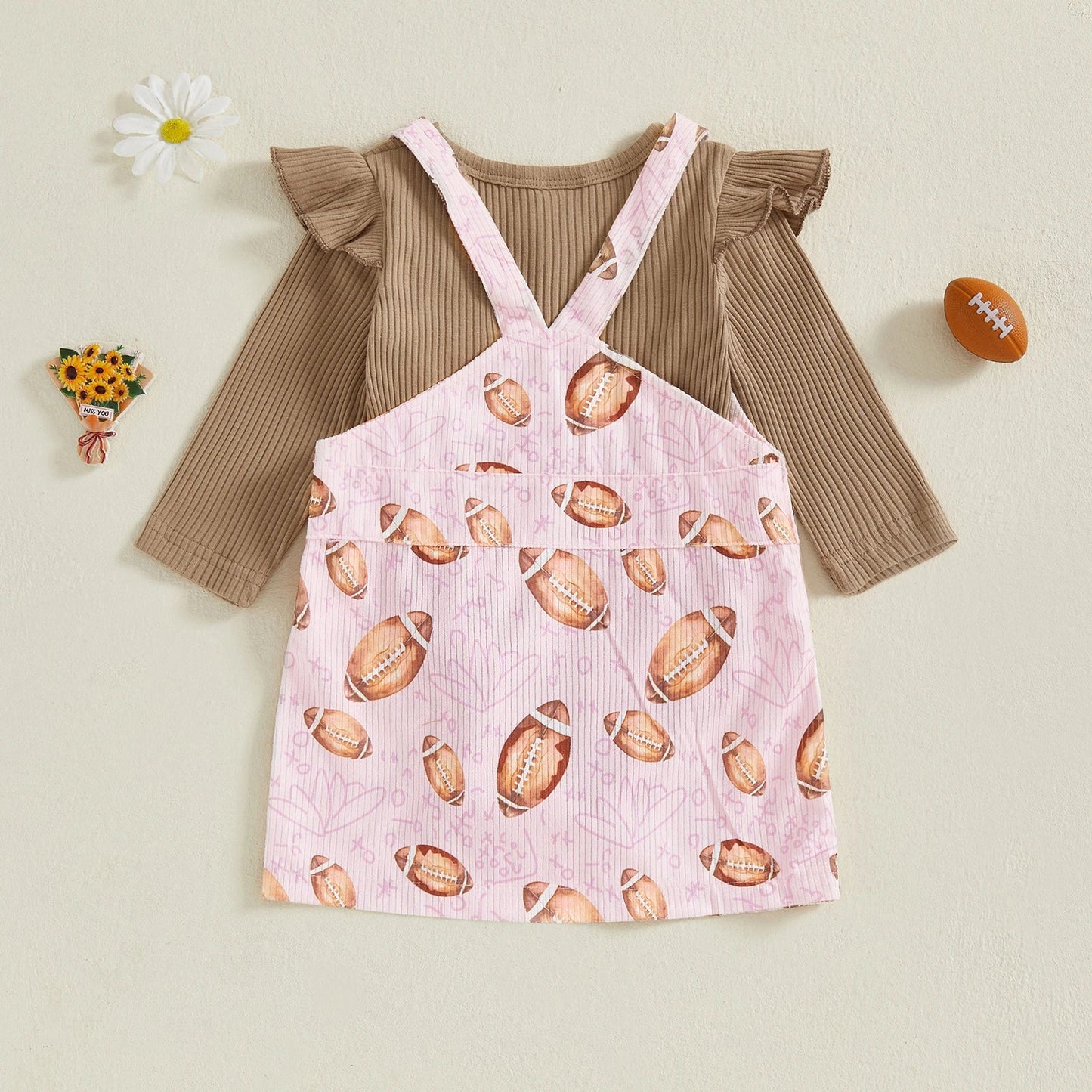 Baby Toddler Girls 2Pcs Fall Outfit Long Sleeve Romper + Football Print Overall Dress Set Clothes
