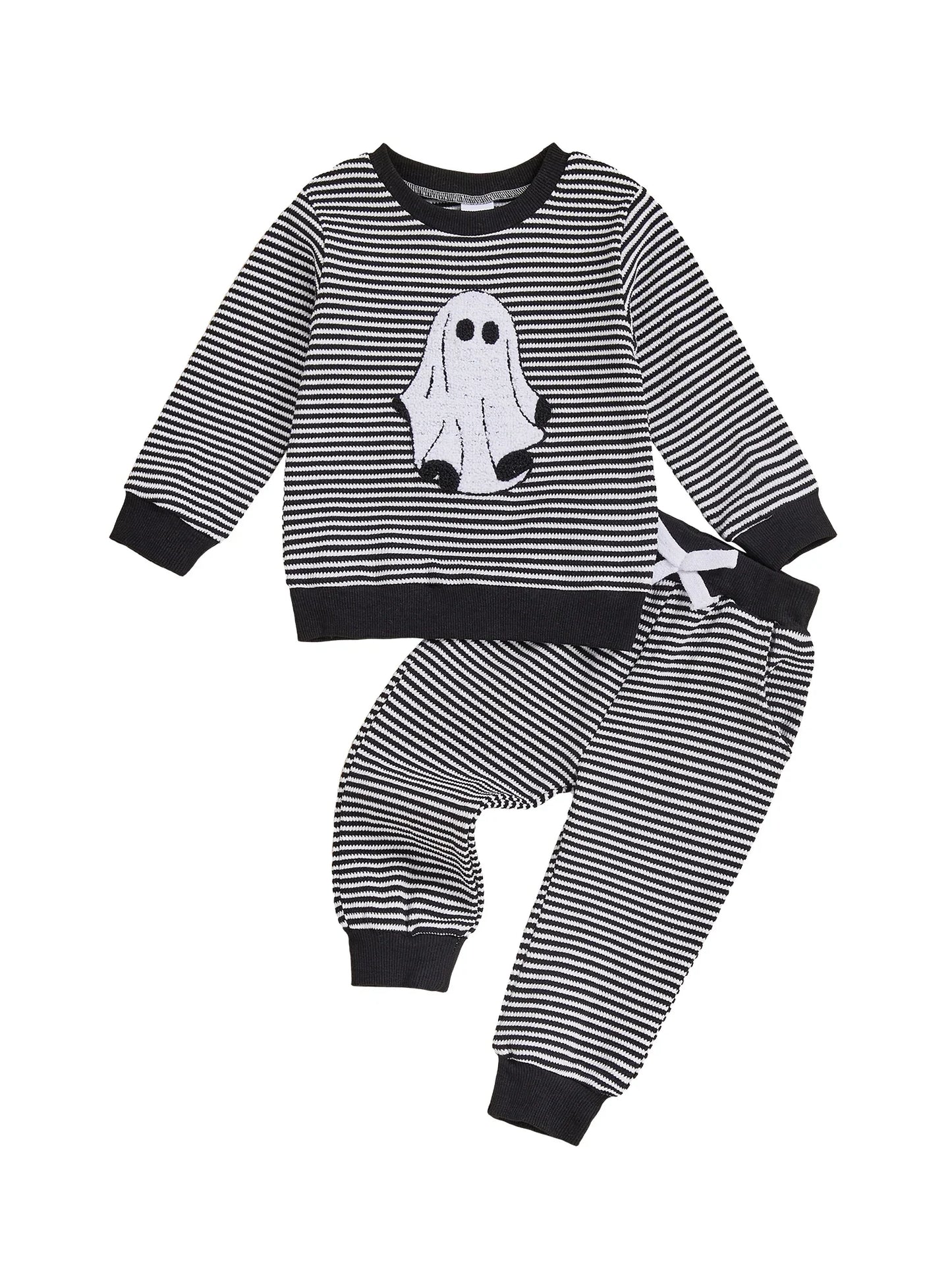 Baby Toddler Boys 2Pcs Halloween Outfit Ghost Embroidery Striped Long Sleeve Top and Elastic Pants Clothes Set