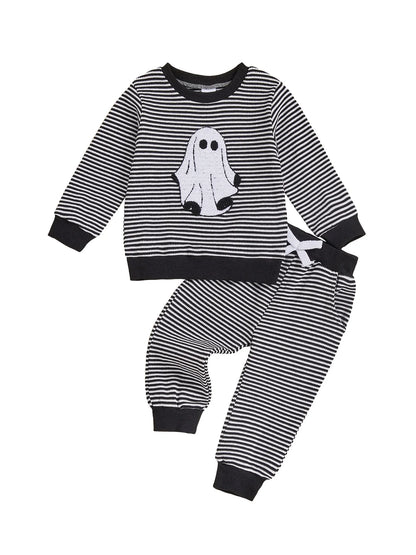 Baby Toddler Boys 2Pcs Halloween Outfit Ghost Embroidery Striped Long Sleeve Top and Elastic Pants Clothes Set