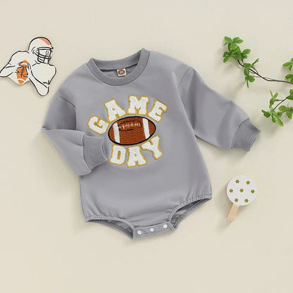 Baby Boys Girls Game Day Fall Bodysuit Letter Football Embroidery Long Sleeve Round Neck Jumpsuit Romper