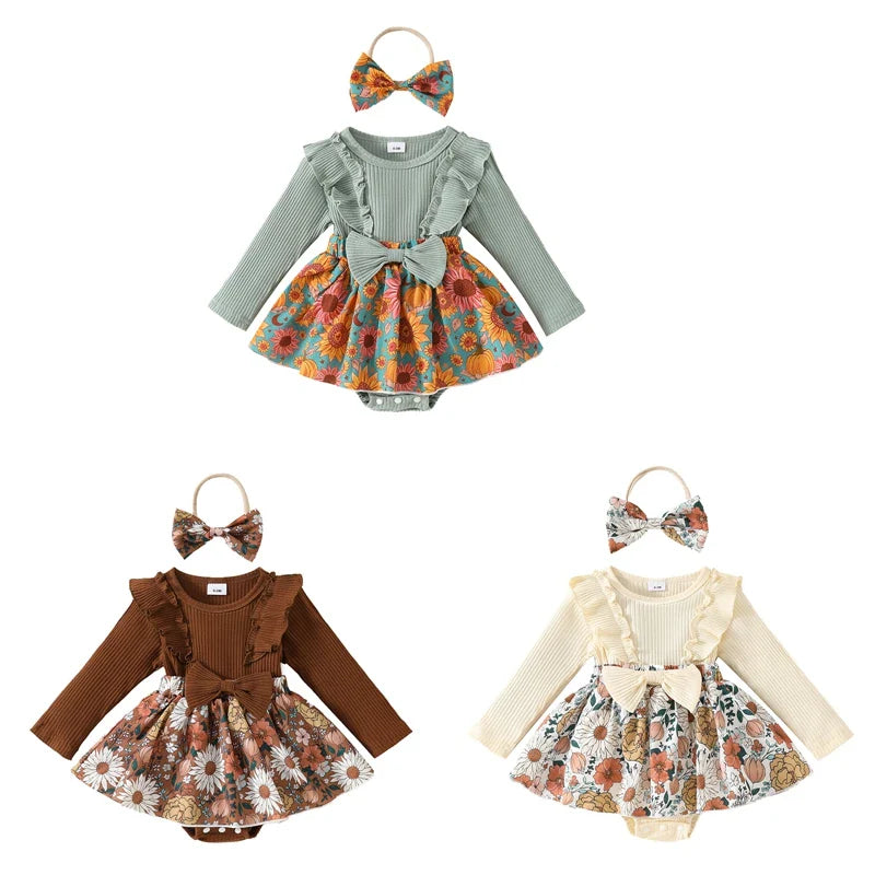 Baby Toddler Girls 2Pcs Fall Outfit Flower Print Ruffle Trim Long Sleeve Romper Dress Skirt Bow Headband Set