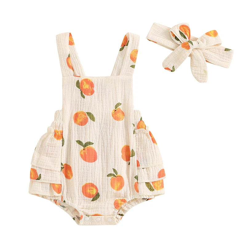 Baby Toddler Girls Romper Peach Print Sleeveless Square Neck Side Tiered Ruffled Jumpsuit with Headband Set
