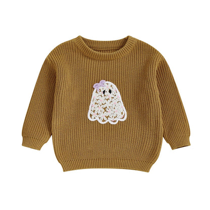 Baby Toddler Kids Girl Halloween Sweater Long Sleeve Round Neck Ghost Flower Embroidery Knit Pullover Top