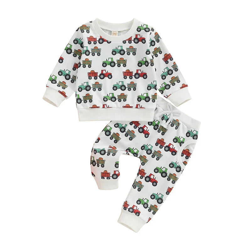 Baby Toddler Boys 2Pcs Fall Outfit Long Sleeve Tractor Print Top + Pants Set