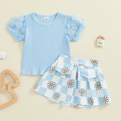 Toddler Kids Girls 2Pcs Summer Outfit Mesh Flower Sleeve Ribbed Top Floral Checker Print Skirt Set