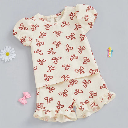 Baby Toddler Girls 2Pcs Summer Outfit Bow Pattern Crew Neck Short Sleeve T-Shirt Top with Ruffled Shorts Set
