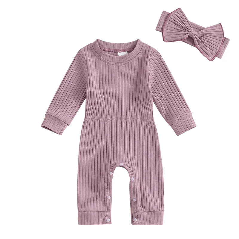 Baby Girls 2Pcs Fall Outfit Long Sleeve Round Neck Ribbed Full Leg Jumpsuit with Headband Set