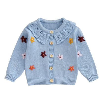 Baby Toddler Girls Cardigan Sweater 3D Flower Design Button Down Long Sleeve Knitted Top