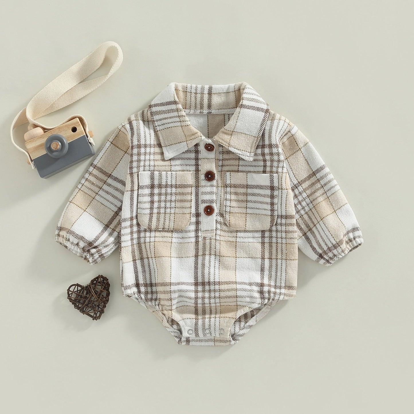 Plaid Baby Boy Long Sleeve Button Vintage Romper With Pocket