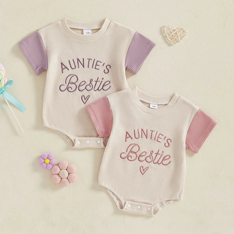 Baby Girl Auntie's Bestie Romper Contrast Color Letter Embroidery Waffle Crew Neck Short Sleeve Jumpsuit