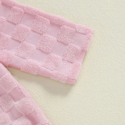 Baby Girls 3Pcs Set Checkered Button Long Sleeve Round Neck Ruffled Romper Long Pants Hair Band Outfit