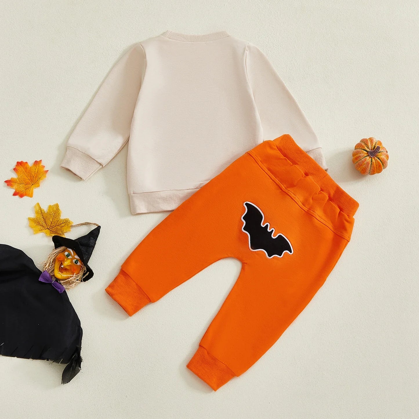 Baby Toddler Boys 2Pcs My First Halloween Outfit Letter Print Long Sleeve Top with Bat Embroidered Jogger Pants Set