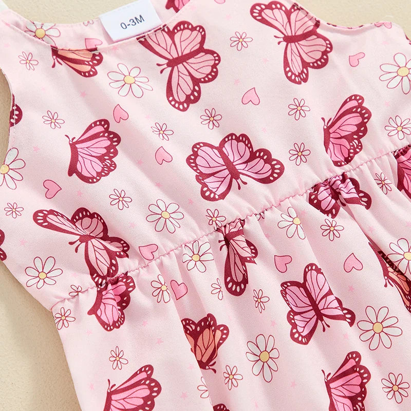 Baby Girls Summer Romper Flower/Butterfly Print Bow Tie Strap Tank Top Sleeveless Round Neck Jumpsuit