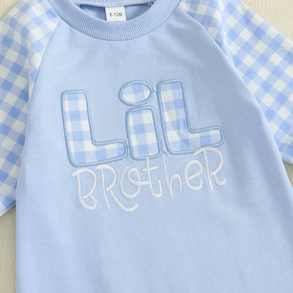 Baby Toddler Boy Lil Brother Fall Romper Plaid Print Letter Embroidery Long Sleeve Round Neck Full Length Jumpsuit