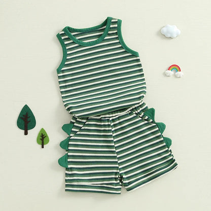 Baby Toddler Boys 2Pcs Striped Dinosaur Outfit O-Neck Sleeveless Tank Top Elastic Waist Shorts with Pockets Set