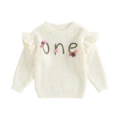 Baby Girl Birthday Sweater One Casual Floral Flowers Letter Embroidery Warm Long Sleeve Knitted Pullover Infant Knitwear Top