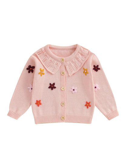 Baby Toddler Girls Cardigan Sweater 3D Flower Design Button Down Long Sleeve Knitted Top