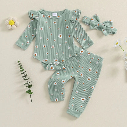 Baby Girls 3Pcs Ribbed Outfit Daisy Flower Print Long Sleeve Romper Elastic Waist Pants Headband Fall Set