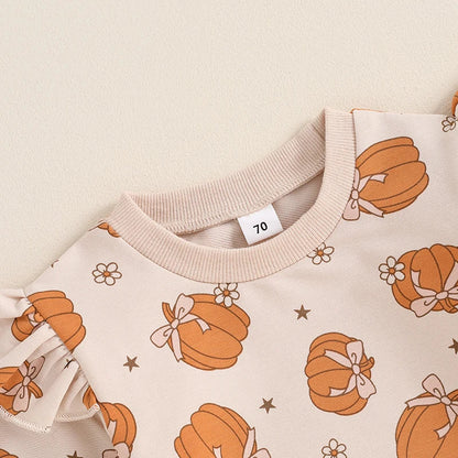Baby Toddler Girl 2Pcs Halloween Outfit Pumpkin Print Long Sleeve Top with Elastic Waist Pants Set