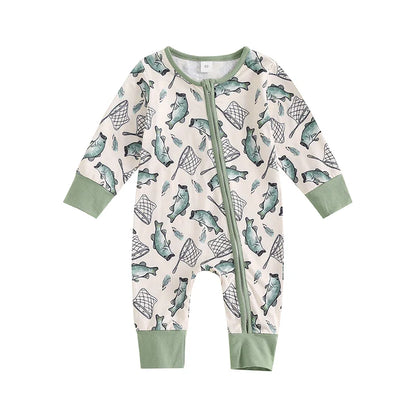 Baby Boys Girls Autumn Casual Romper Long Sleeve Crew Neck Fish Print Zipper Jumpsuit