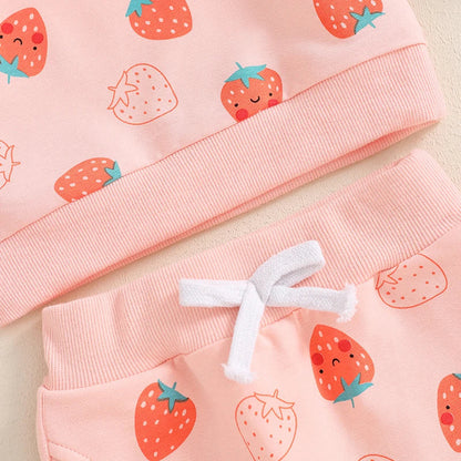 Baby Toddler Girls 2Pcs Fall Strawberry Print Outfit Long Sleeve Top Elastic Waist Pants with Pockets Set
