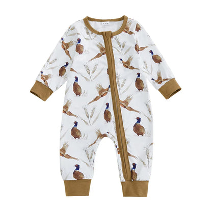 Baby Boys Girls Romper Soft Bird Wheat Ear Pattern Zipper Long Sleeve Crew Neck Jumpsuit