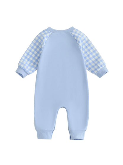 Baby Toddler Boy Lil Brother Fall Romper Plaid Print Letter Embroidery Long Sleeve Round Neck Full Length Jumpsuit