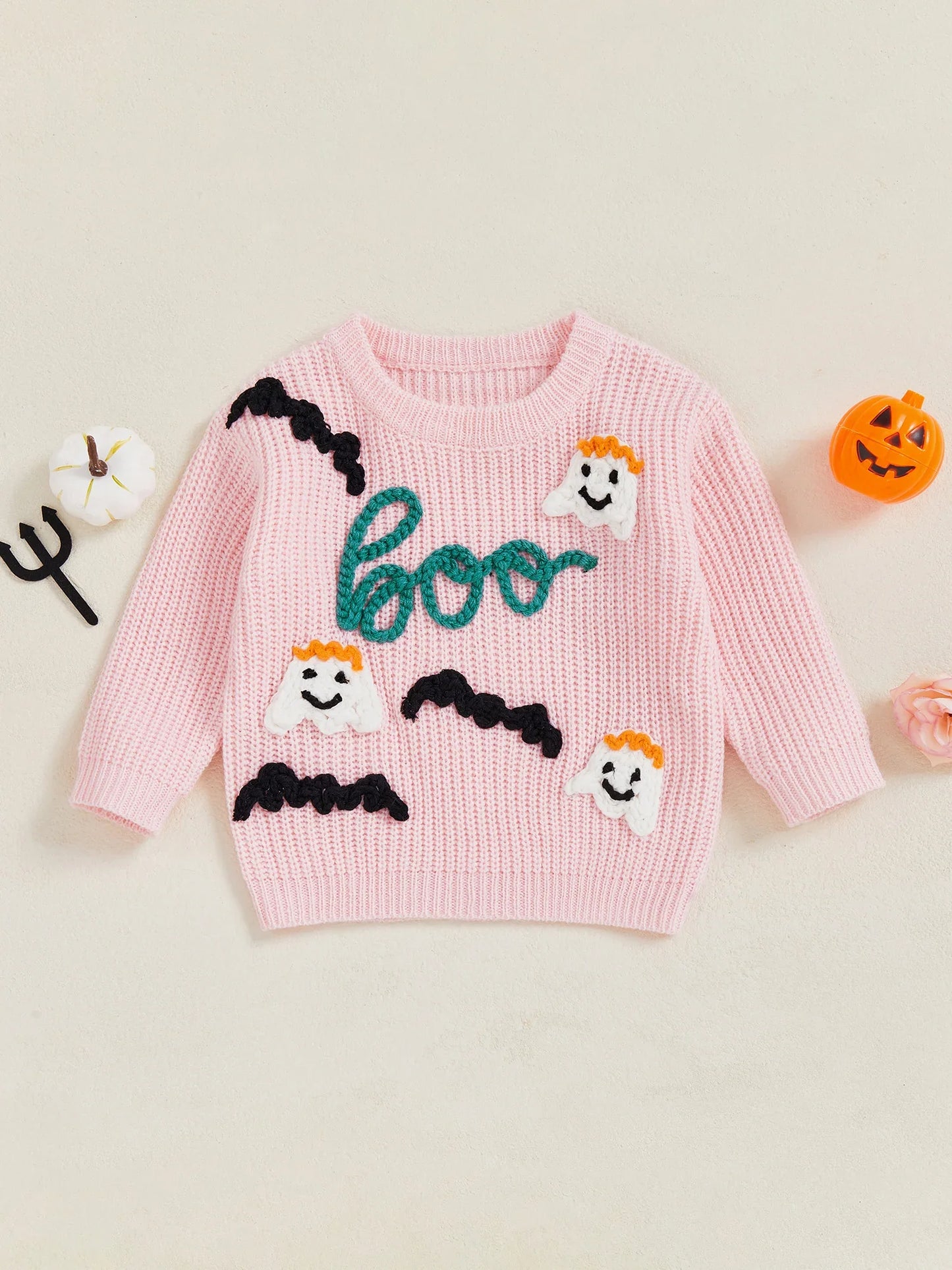 Baby Toddler Girls Halloween Sweater Long Sleeve Round Neck Letter Boo Ghost Embroidery Knit Pullover Top