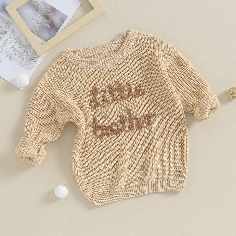 Baby Boys Sweater Letter Embroidery Little Brother Crew Neck Long Sleeve Pullover Top