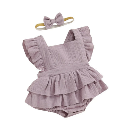 Baby Girls 2Pcs Romper Dress Solid Color Fly Sleeve Skirt Hem Tank Top Bodysuit Summer Clothes with Headband Set